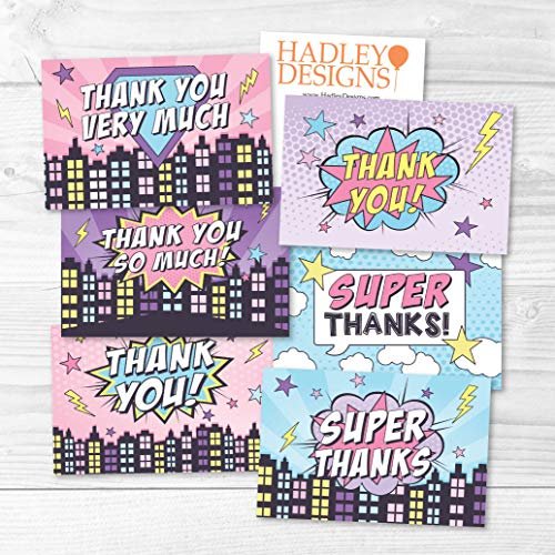 Pink Superhero Folded Thank You Cards | Set of 24 | Kid's Party