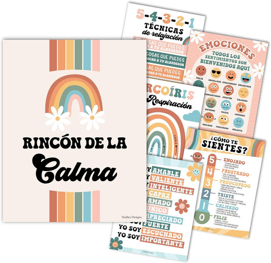 6 Retro Spanish Classroom Decorations for Teachers - Spanish Classroom Posters Elementary, Calm Down Corner Posters Spanish Classroom, Emociones Poster Spanish, Afirmaciones Positivas Español Poster