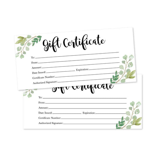 25 4x9 Greenery Blank Gift Certificate Cards Vouchers For Holiday Christmas, Birthday Holder, Small Business, Restaurant, Spa Beauty Makeup Hair Salon, Wedding Bridal, Baby Shower Cash Money Printable