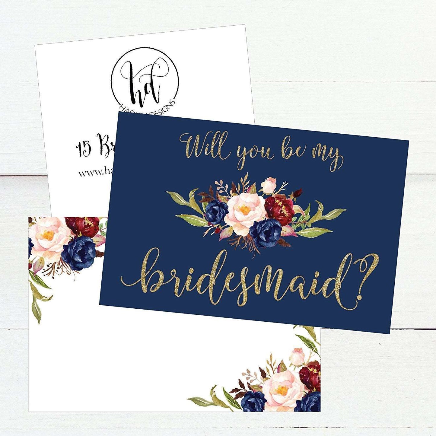 15 Will You Be My Bridesmaid Cards Navy Floral, Cute Bridesmaids Proposal Note Cards For Gifts, Blank Ask To Be Your Bridesmaids Invitations Set, Asking To Be A Bridesmaid Invite