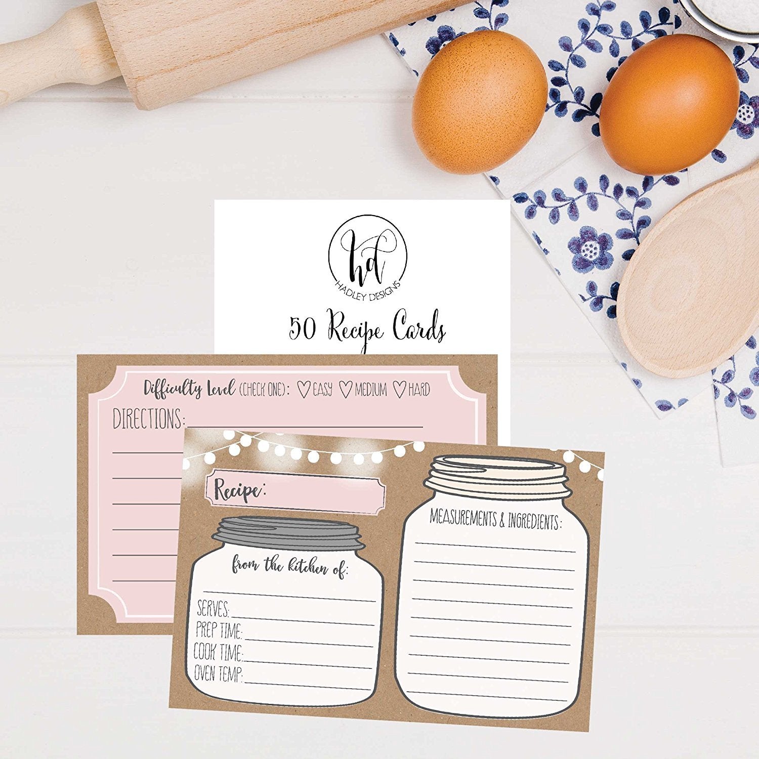 Mason Jar Blank Recipe Cards | Set of 50 Double Sided | 4x6
