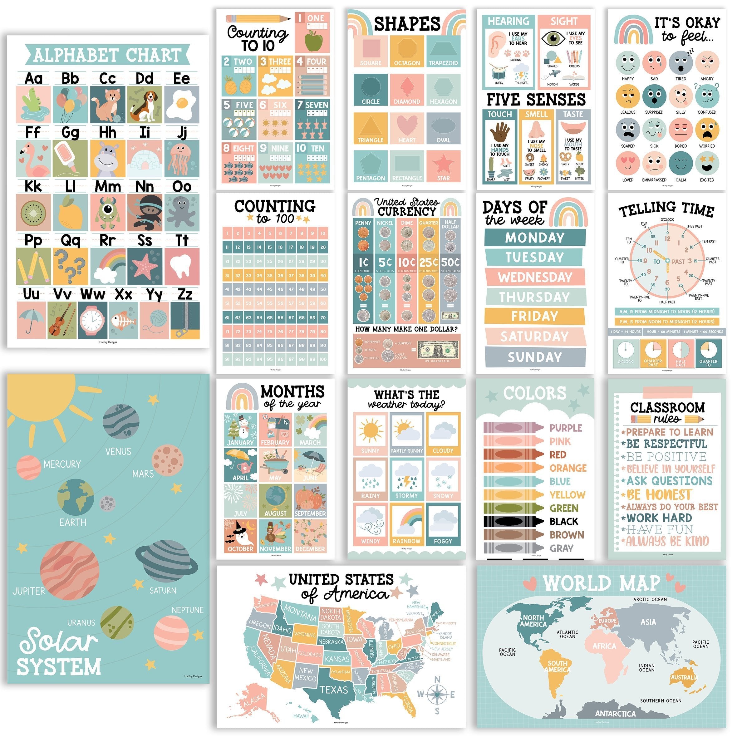 PreK Educational Posters | Set of 16 | Classroom Supplies
