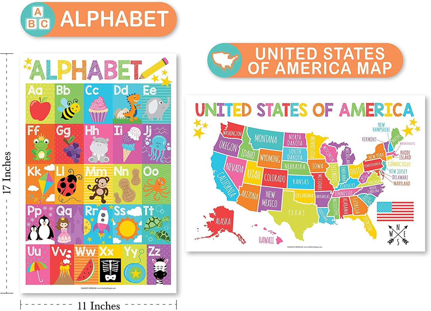 Alphabet, Map of United States, World Map, Solar System, ABC Posters For Toddlers Wall Art Decor, Planets For Kids Chart, US Travel Map Laminated Kindergarten Classroom Prek Homeschool Supplies 11x17"