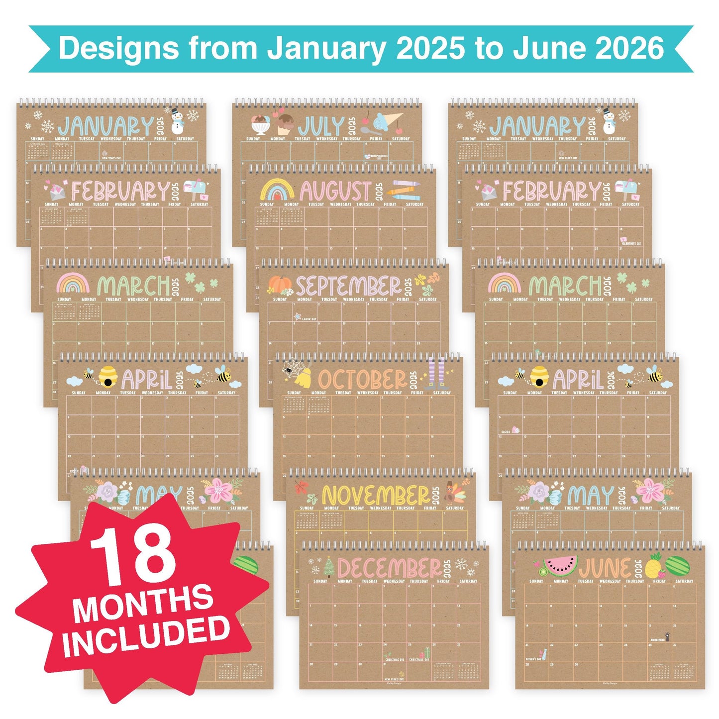 Doodle Kraft Small Desk Calendar | 2025-2026 | Standing Flip Calendar