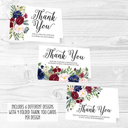 Navy Burgundy Folded Thank You Cards | Set of 24 | Sympathy