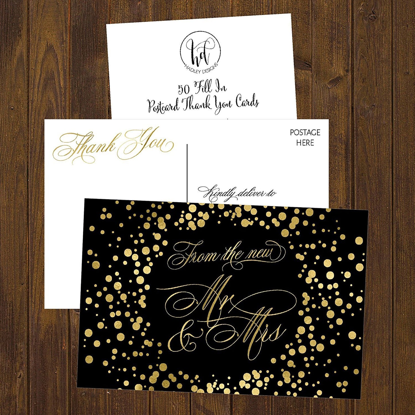 50 4x6 Black & Gold Modern Thank You Postcards Bulk, Cute Blank Thank You Cards From The New Mr. and Mrs. Thanks Note Card Stationery Set For Wedding Gifts, Bridesmaid, Bridal Shower, Engagement Party