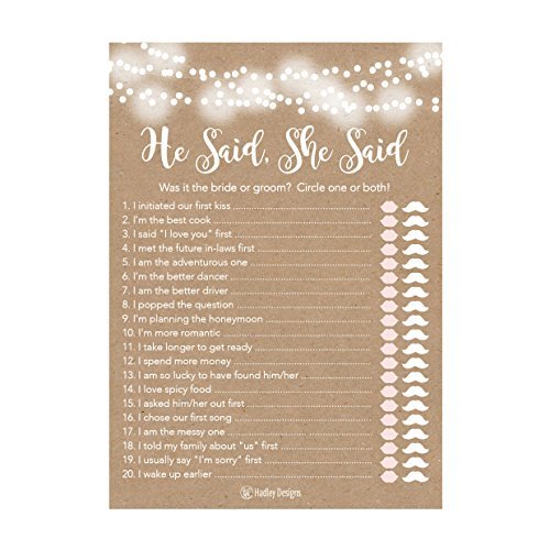 He Said She Said Bridal Shower Games | Set of 25 | Cards & Party