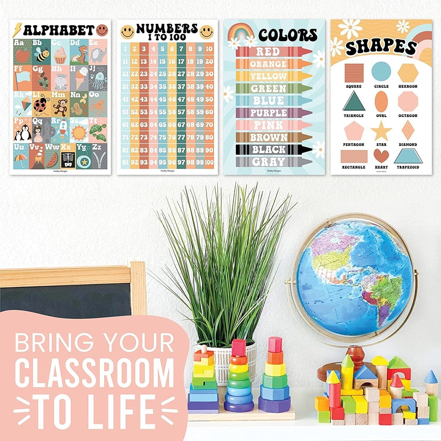 Retro Posters | ABC, Numbers 1-100, Colors, and Shapes | Set of 4