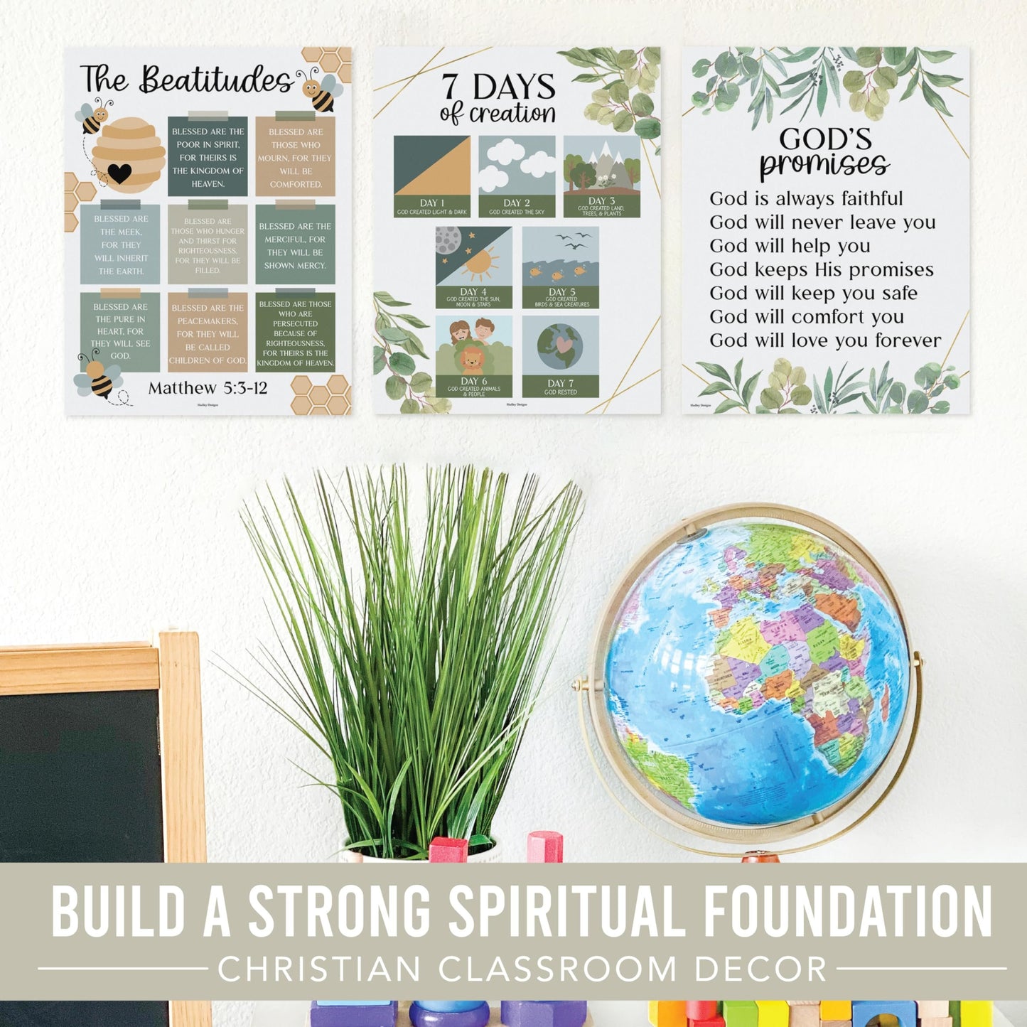 9 Greenery Sunday School Decorations For Classroom - Sunday School Posters, Christian Posters, Christian Classroom Decor, Books Of The Bible Poster, 10 Commandments For Kids, Bible Timeline Chart