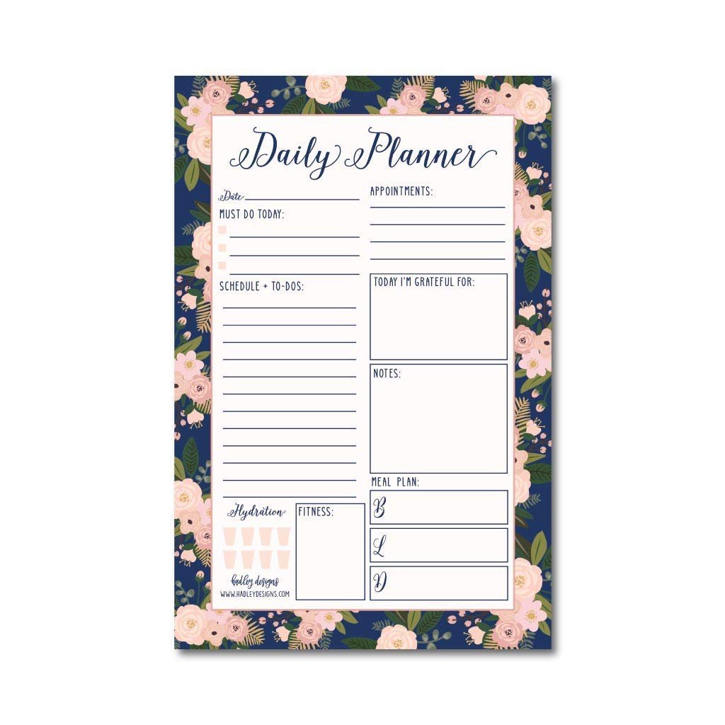 Navy Floral Undated Daily Task Planner To do List Pad, School Family Life Work Personal Productivity Notepad, Day Schedule Organizer Cute Birthday Gift Idea Health Goal Habit Tracker 50 Tear Off Pages