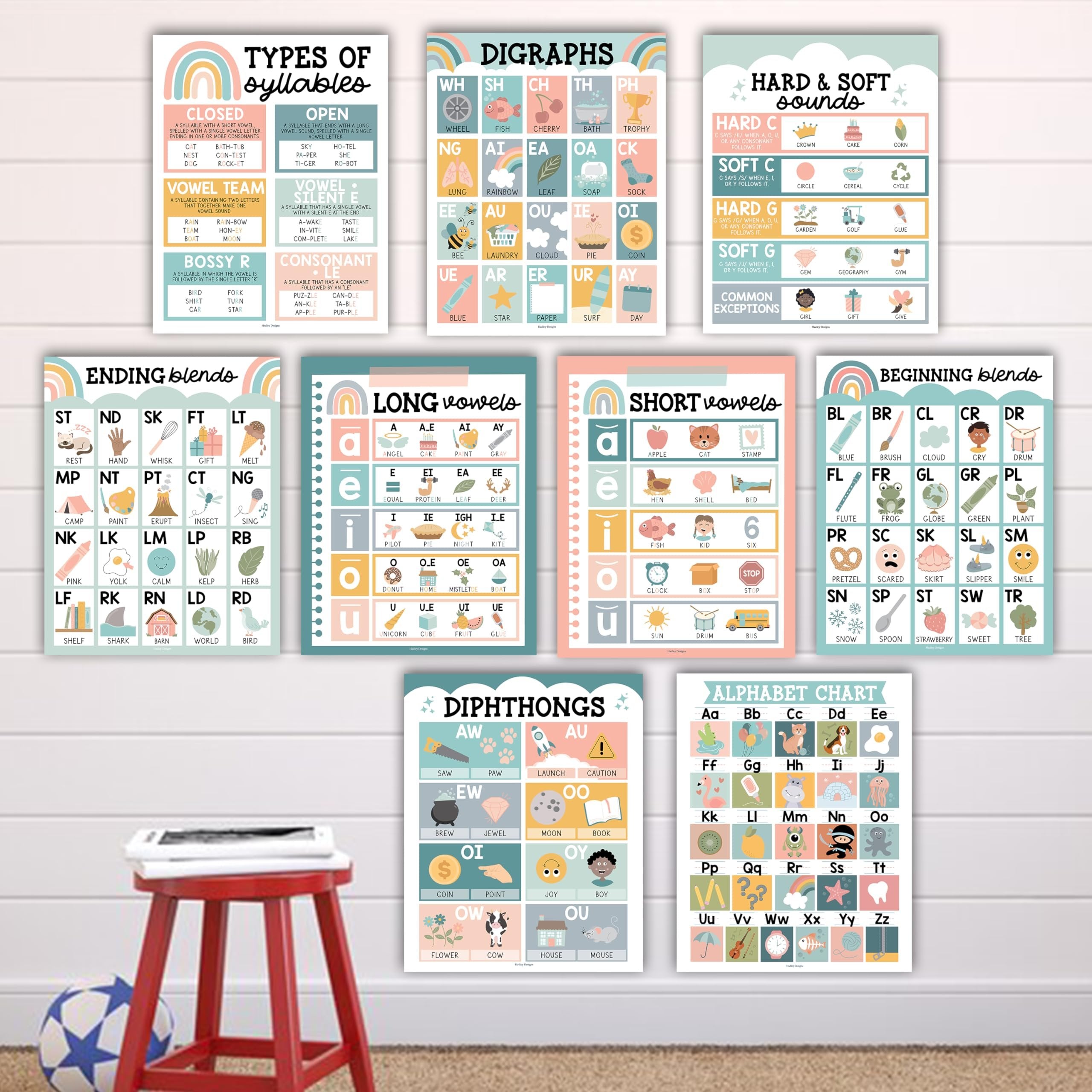 Boho Phonics & Vowel Posters | Set of 9 | Educational Posters