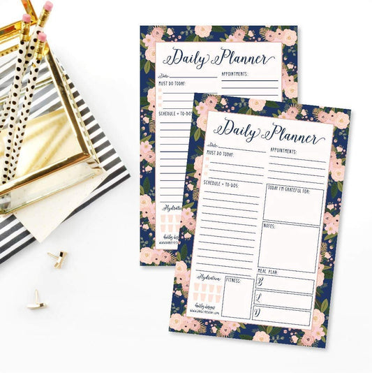 Navy Floral Undated Daily Task Planner To do List Pad, School Family Life Work Personal Productivity Notepad, Day Schedule Organizer Cute Birthday Gift Idea Health Goal Habit Tracker 50 Tear Off Pages