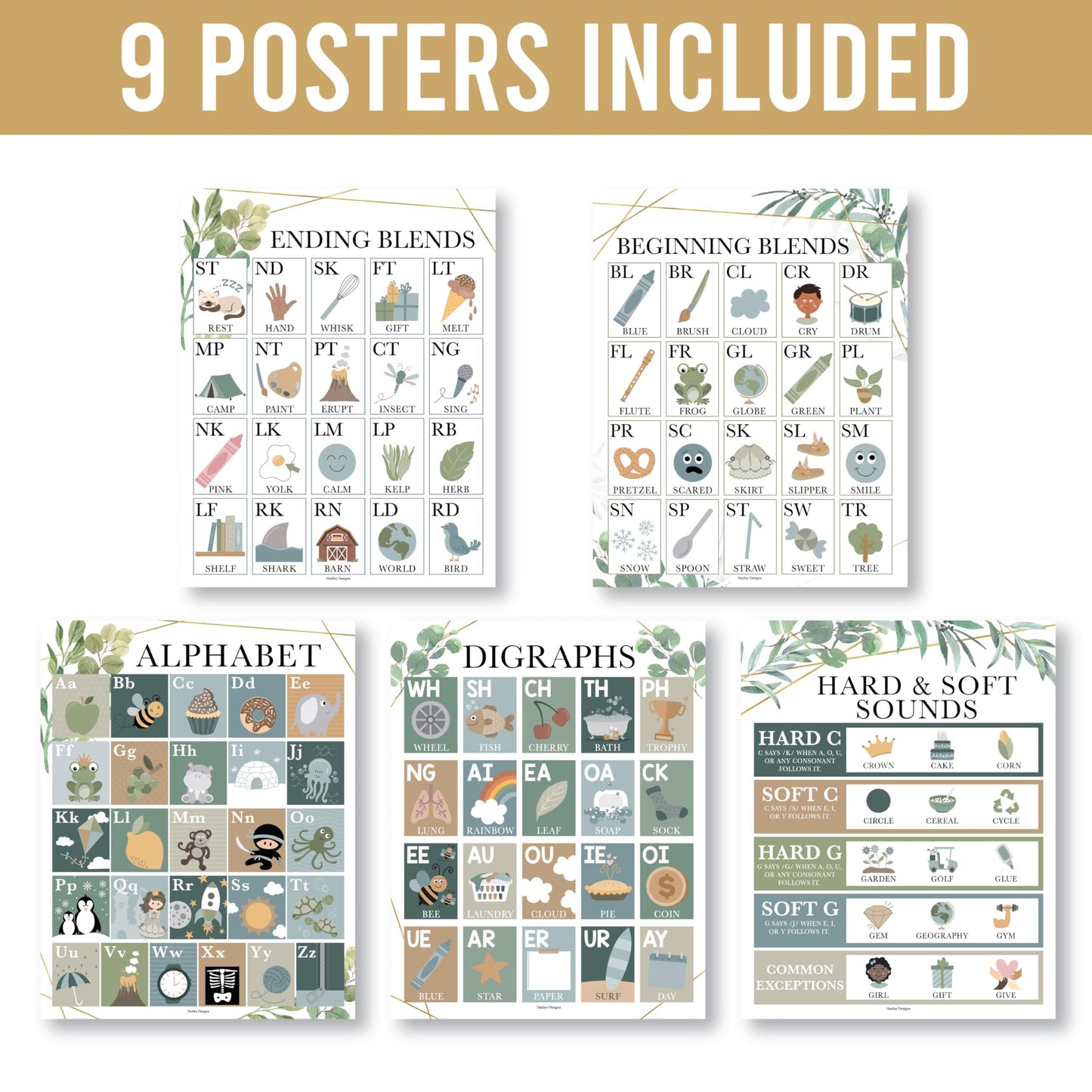 Greenery Phonics & Vowel Posters | Set of 9 | Educational Posters