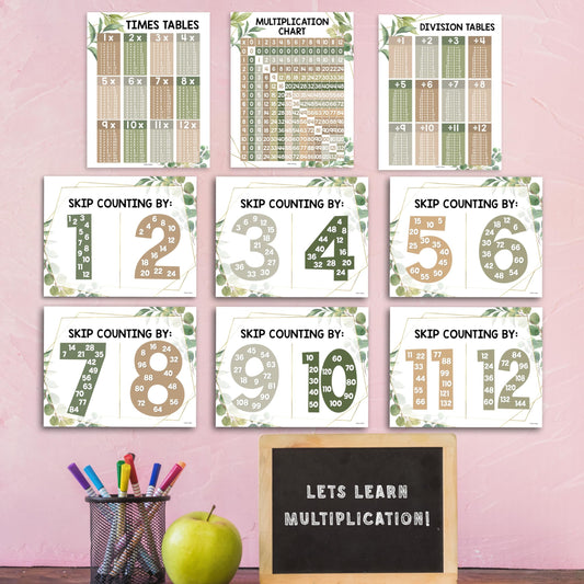 Greenery Multiplication Chart Poster | Set of 9 | Educational Posters