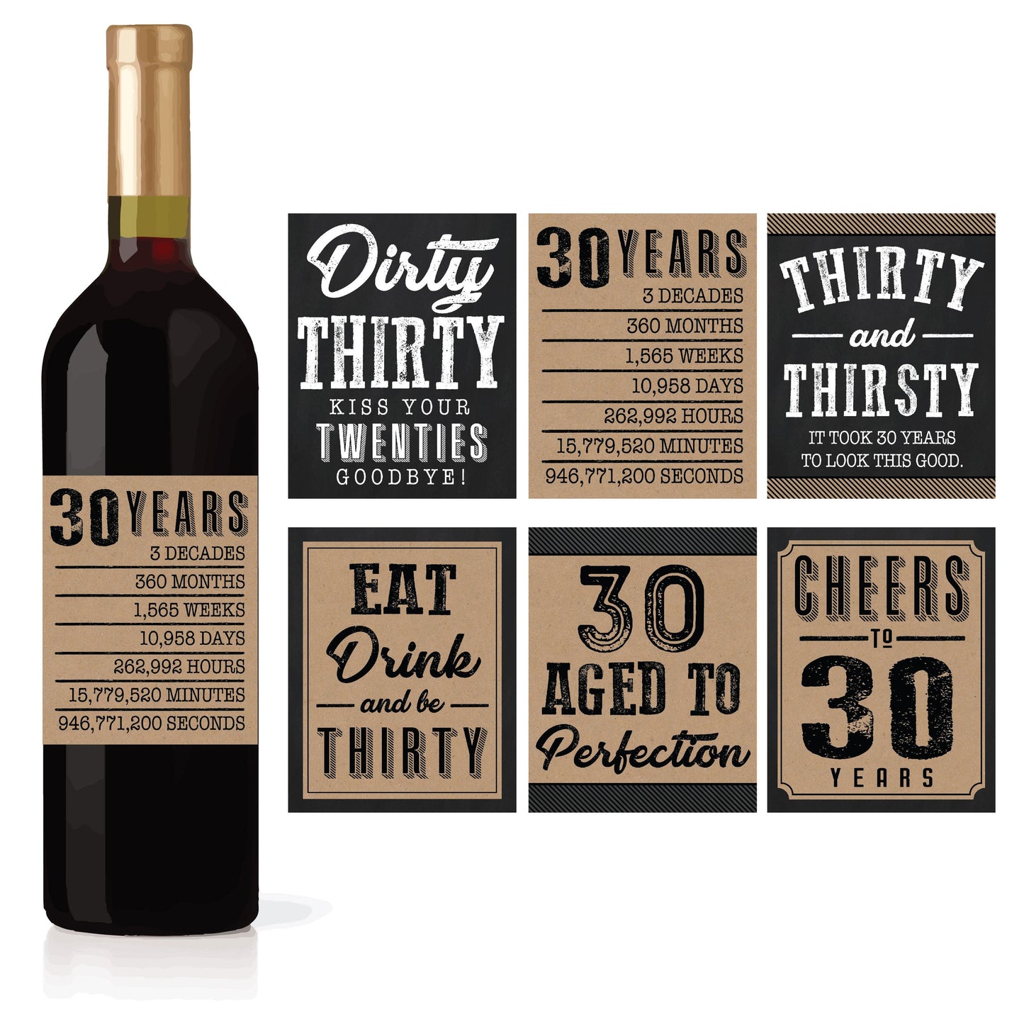 Birthday Milestones Wine Labels | Set of 6 | Party Supplies