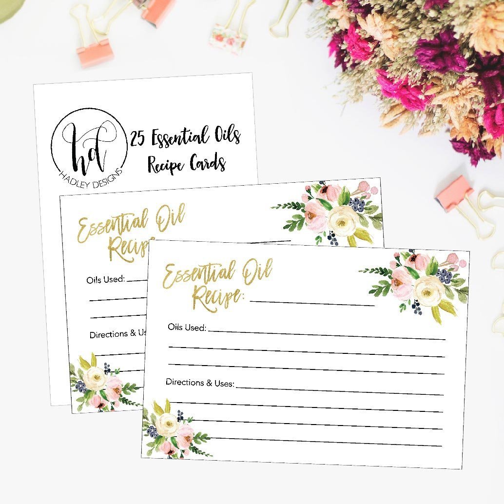 25 4x6 Floral Essential Oil Recipe Cards, Doterra Young Living YL Blank DIY Aromatherapy Recipe Notebook Journal or Organizer Binder Book Beginner Beauty Therapy Diffuser Perfume Recipe Blending Guide