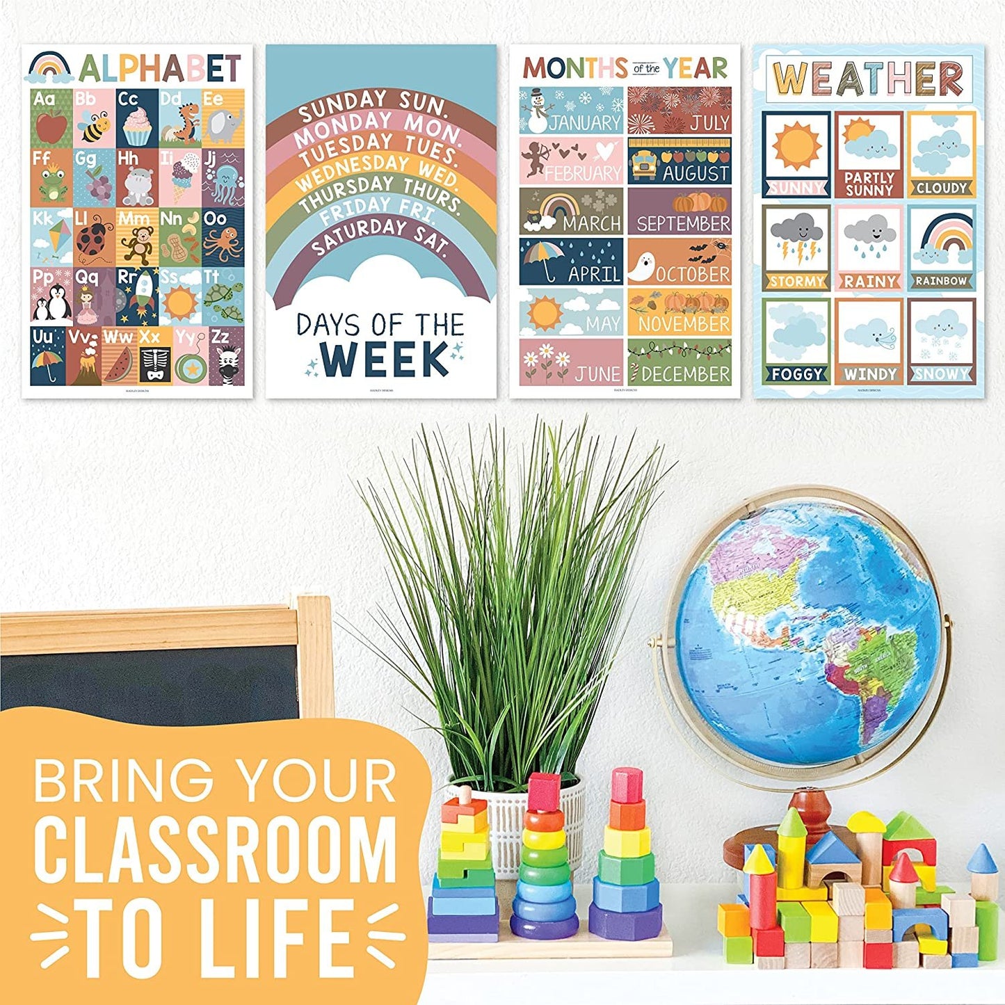 4 Boho Kids Educational Posters For Toddlers - Alphabet Poster For Toddlers, Days Of The Week For Kids, Months Of The Year For Classroom Decorations For Teachers, Kindergarten Homeschool Supplies