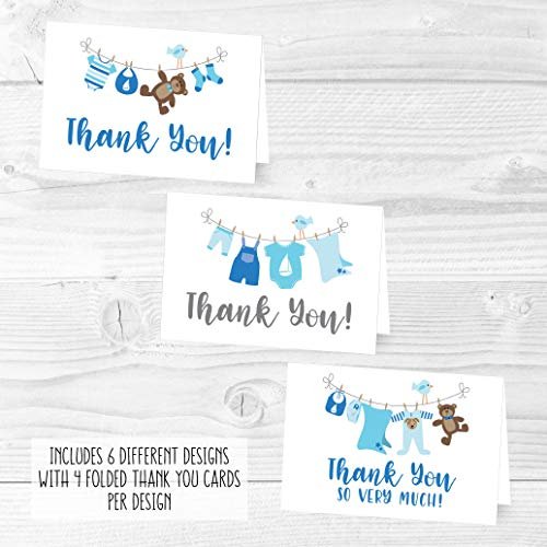 Blue Clotheline Folded Thank You Cards | Set of 24 | Baby Shower