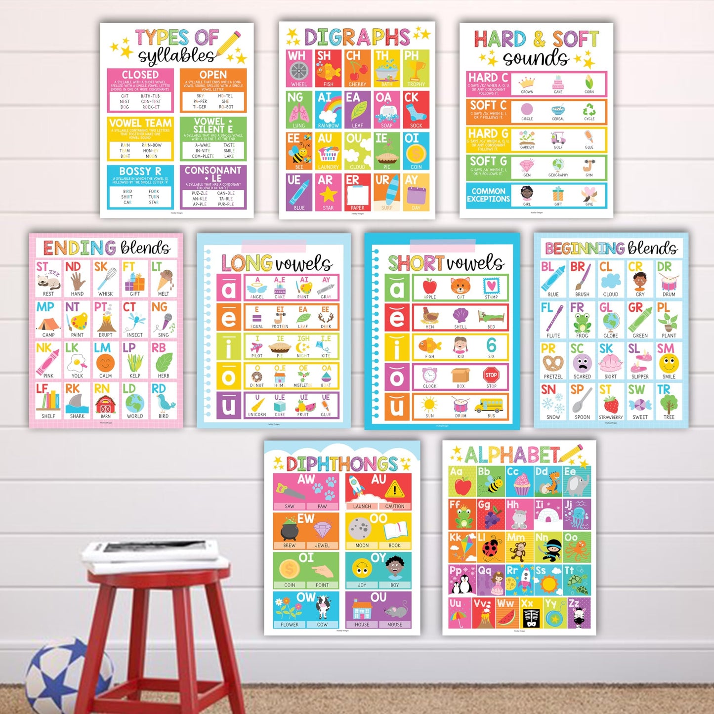 Colorful Phonics & Vowel Posters | Set of 9 | Educational Posters