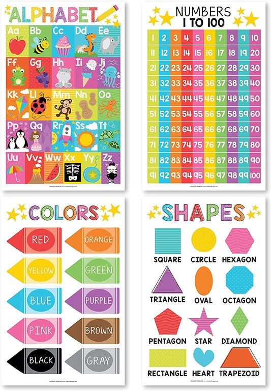 Colorful Posters | ABC, Numbers 1-100, Colors, and Shapes | Set of 4