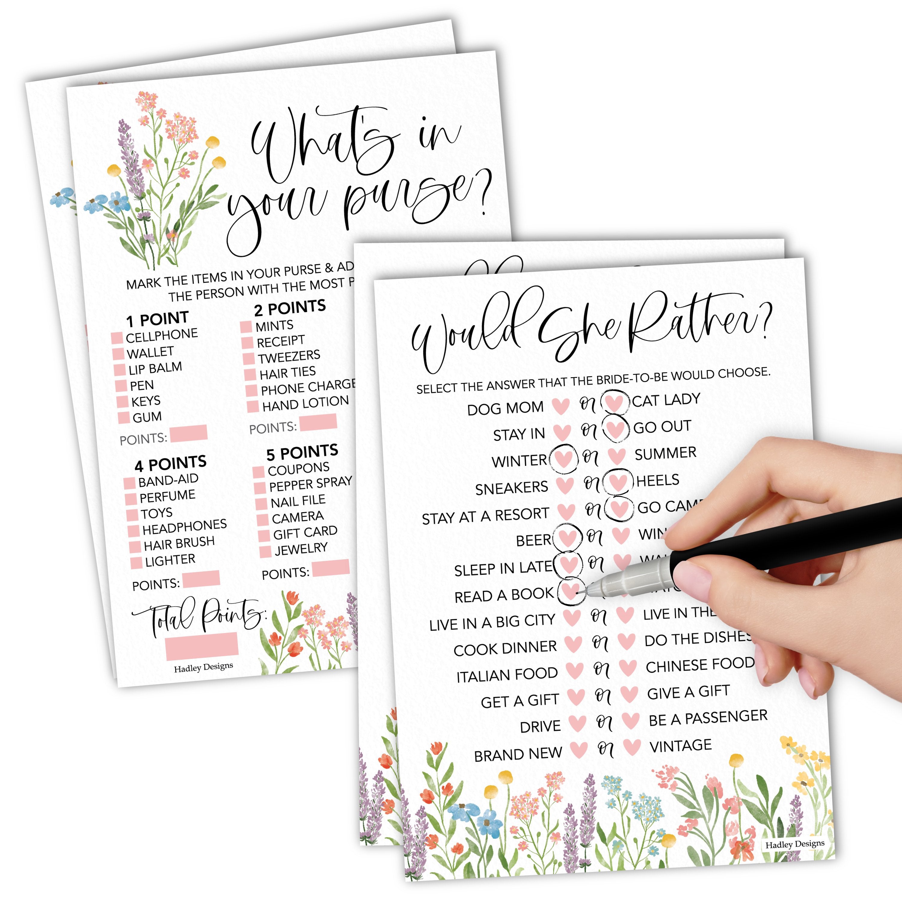 Would She Rather & What's in Your Purse Games | Set of 20 | Bridal Shower Games