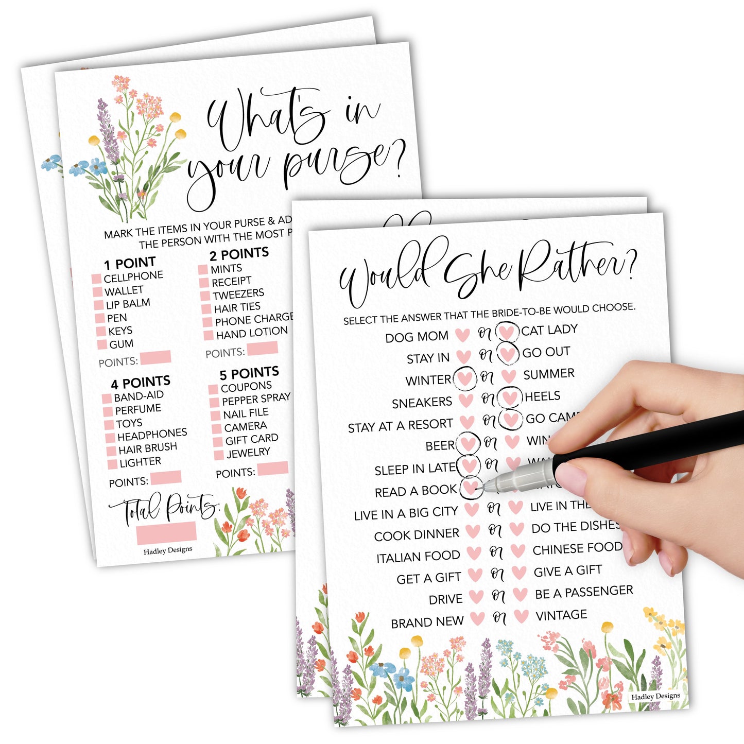 Would She Rather & What's in Your Purse Games | Set of 20 | Bridal Shower Games