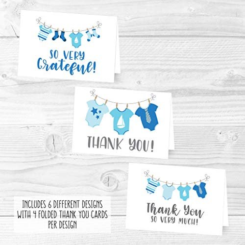 Blue Clotheline Folded Thank You Cards | Set of 24 | Baby Shower