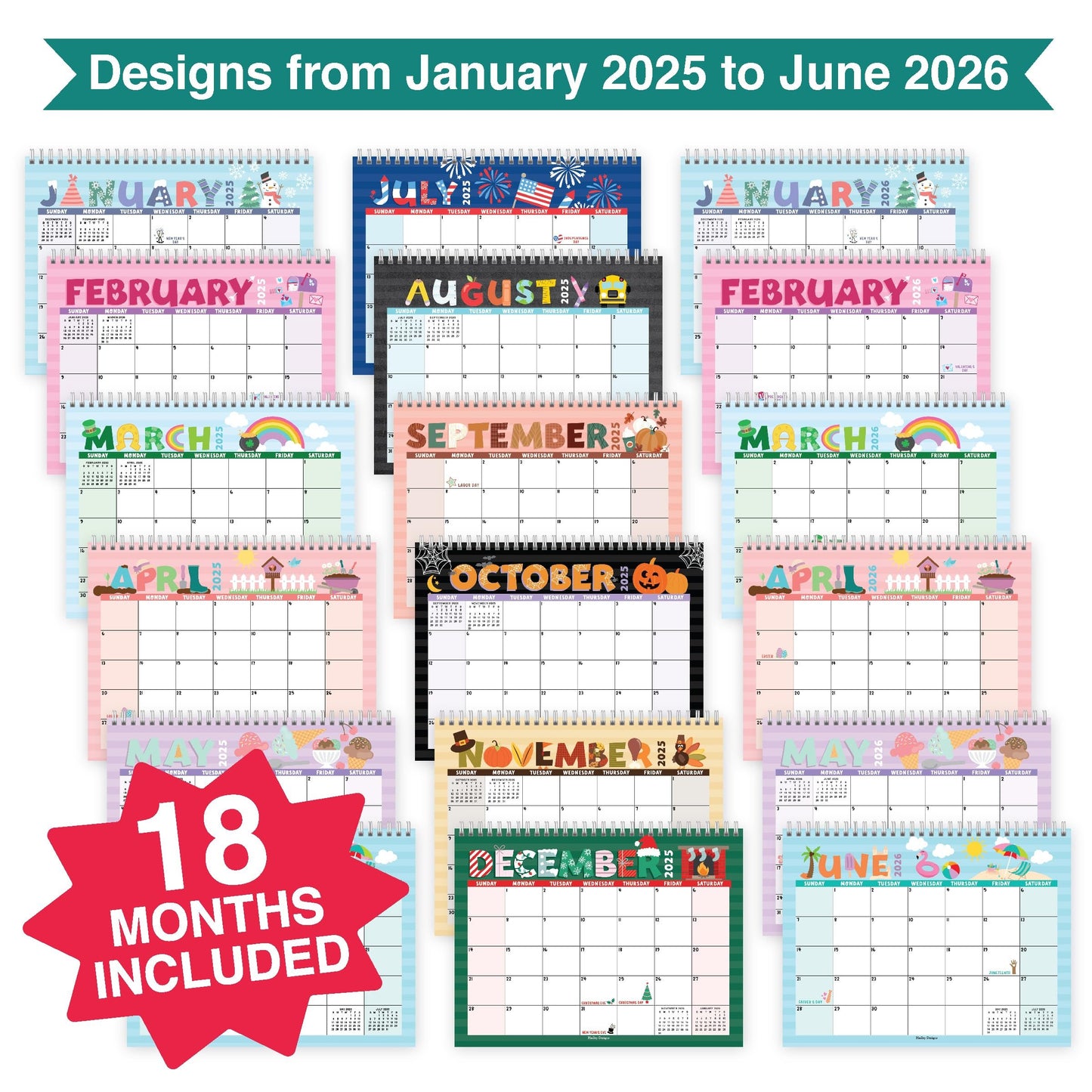 Doodle Typography Small Desk Calendar | 2025-2026 | Standing Flip Calendar