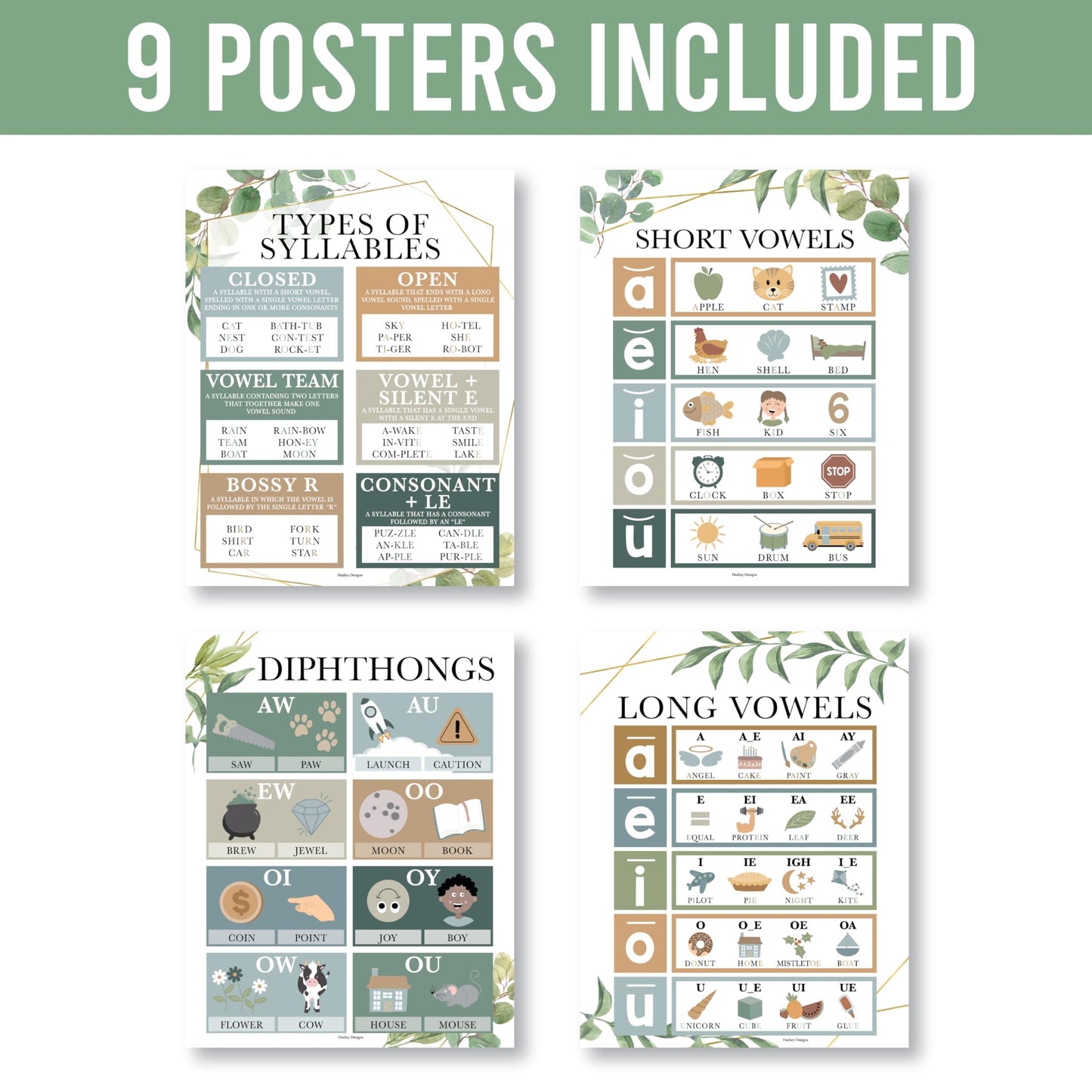 Phonics & Vowels Posters | Set of 9 | Educational Posters