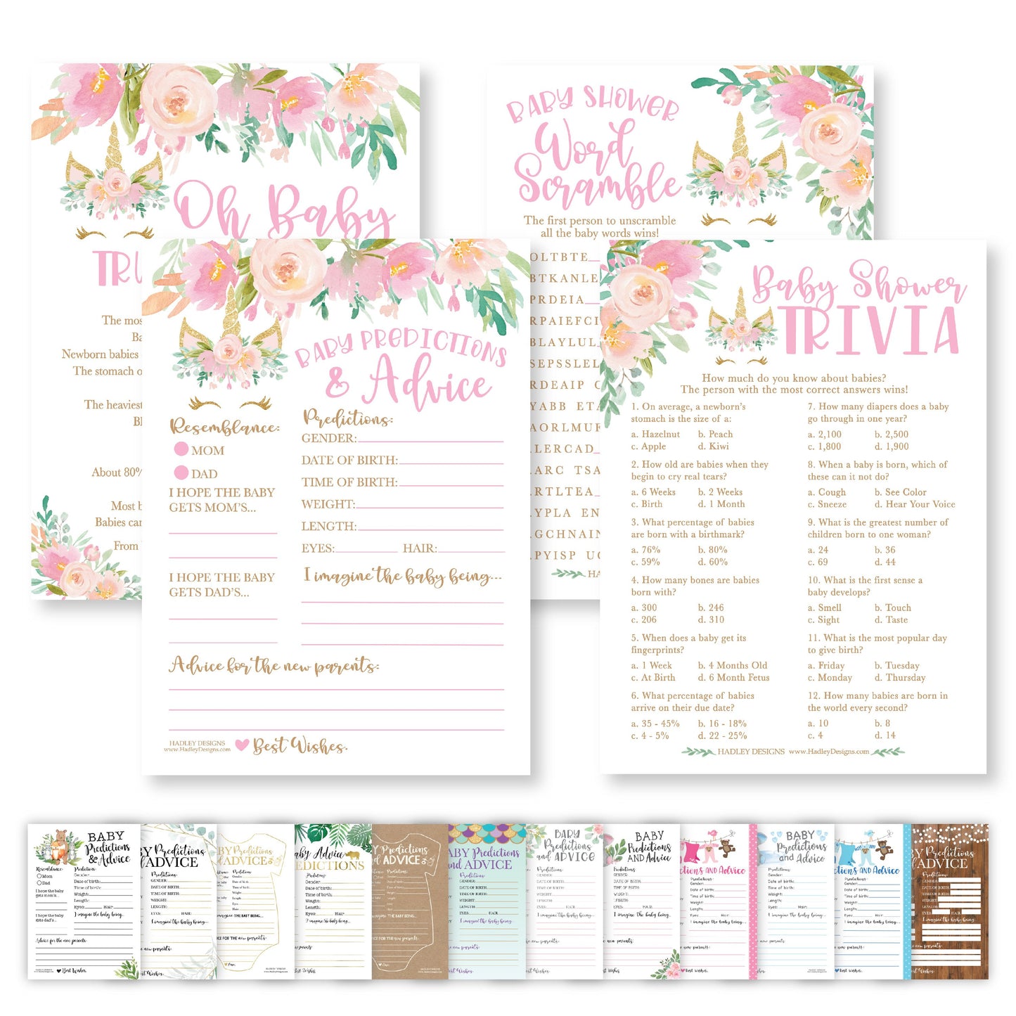 Word Scramble, True or False, Predictions, Trivia Baby Shower Games | Set of 50