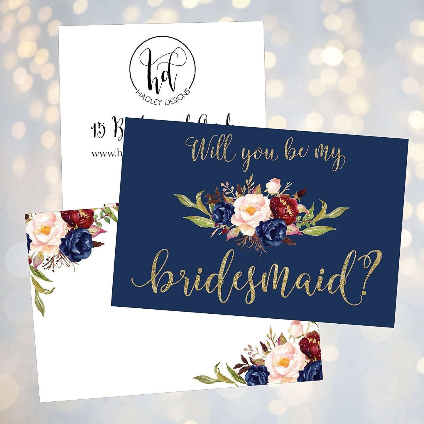 15 Will You Be My Bridesmaid Cards Navy Floral, Cute Bridesmaids Proposal Note Cards For Gifts, Blank Ask To Be Your Bridesmaids Invitations Set, Asking To Be A Bridesmaid Invite