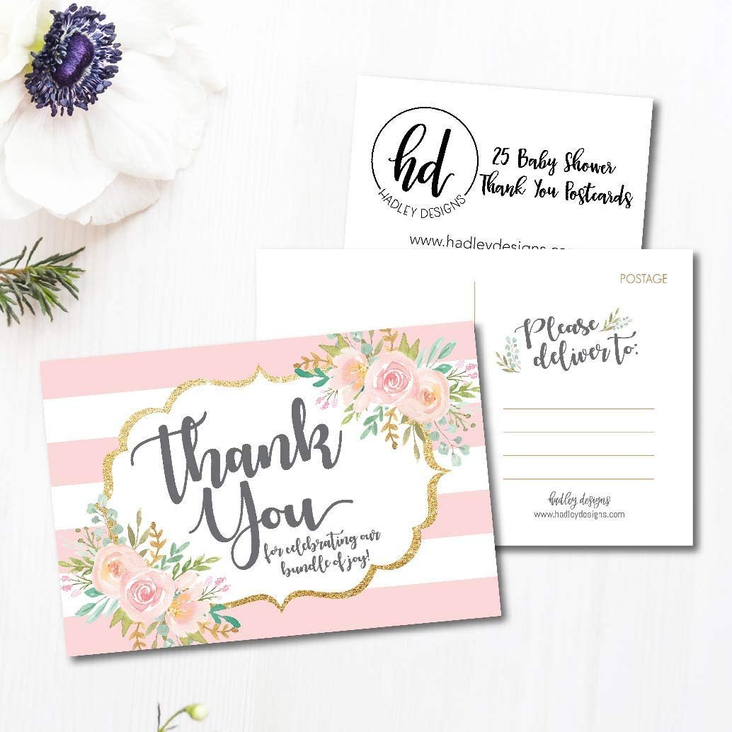 25 Girl Baby Shower Thank You Note Card Bulk Set, Floral Pink and Gold Blank Cute Sprinkle Postcards, No Envelope Needed Stationery Appreciation For Party Gifts, Personalize Printable Cardstock Paper