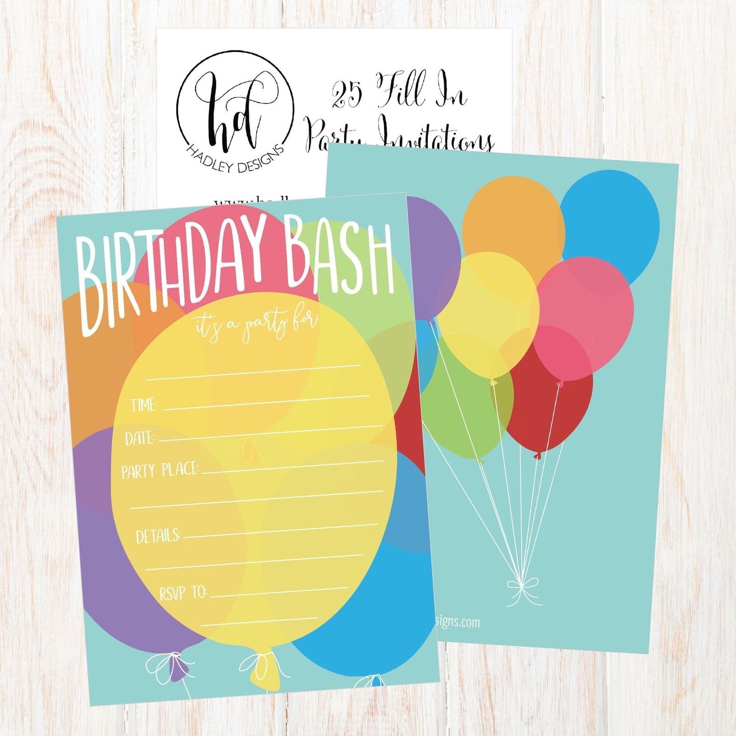 25 Balloon Rainbow Party Invitations for Kids, Teens, Adults, Boys & Girls, Blank Children Happy 1st Birthday Invitation Cards, Unique Baby First Bday Invites, Toddler 1 2 3 Year Old Invites Fill In