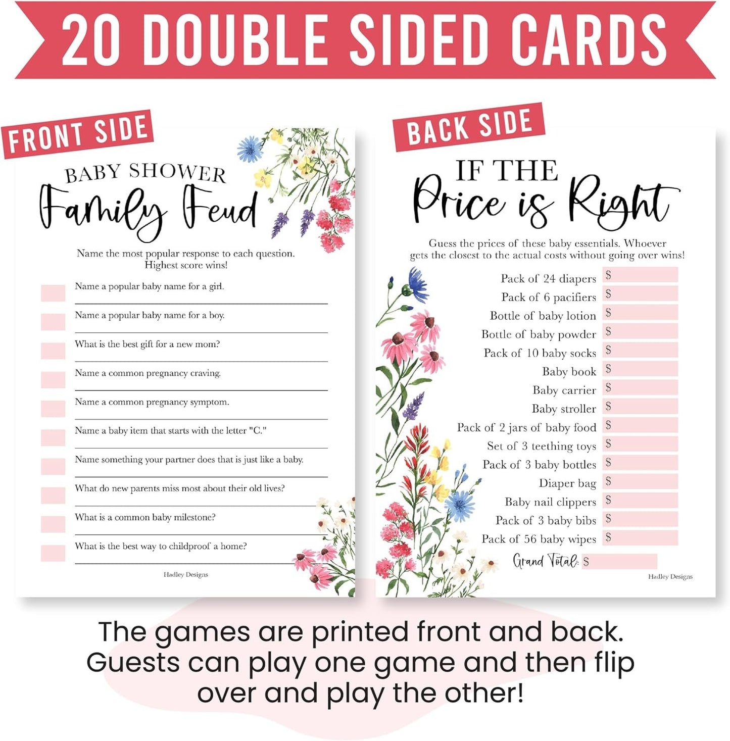 20 Floral Baby Shower Games For Girl - Hilarious Baby Shower Games Girl, The Price Is Right Baby Shower Game Cards, Baby Games For Baby Shower Family Feud Game, Baby Girl Baby Shower Games Funny