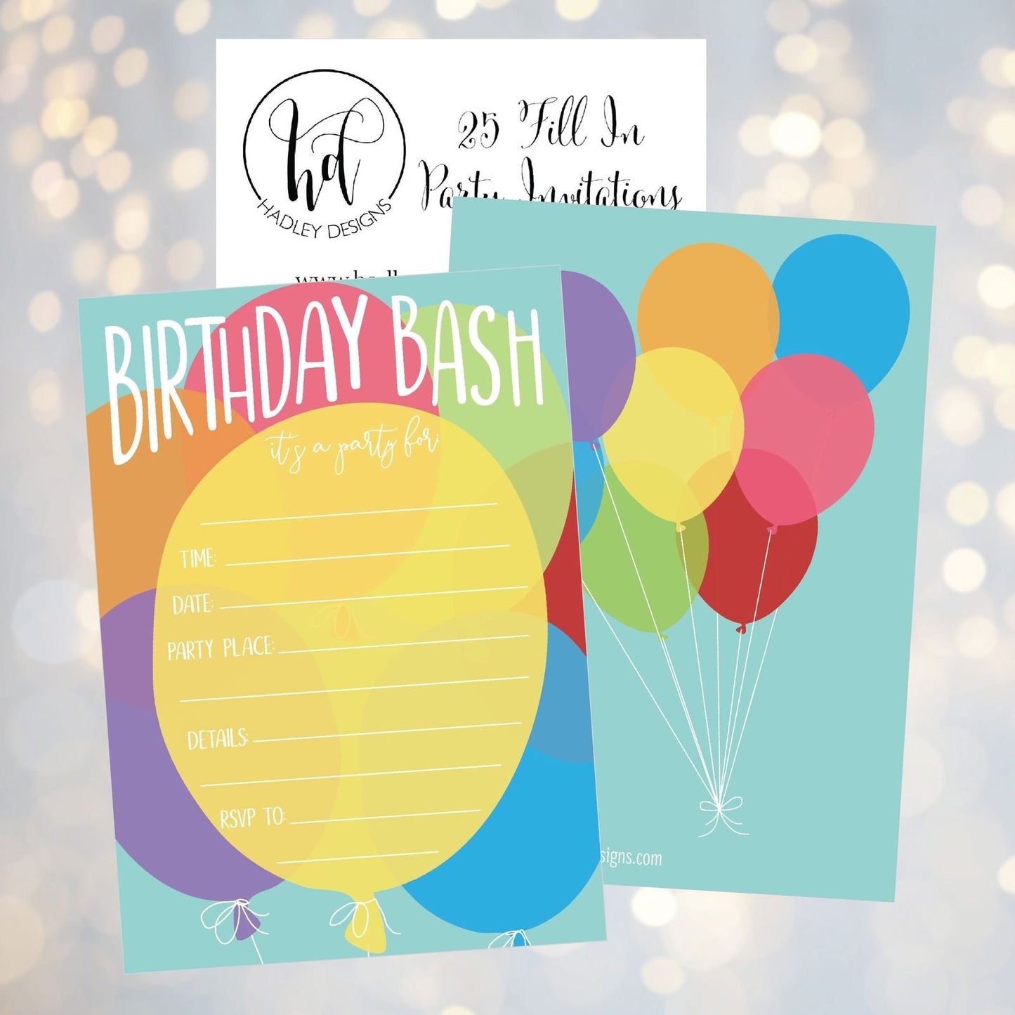 25 Balloon Rainbow Party Invitations for Kids, Teens, Adults, Boys & Girls, Blank Children Happy 1st Birthday Invitation Cards, Unique Baby First Bday Invites, Toddler 1 2 3 Year Old Invites Fill In