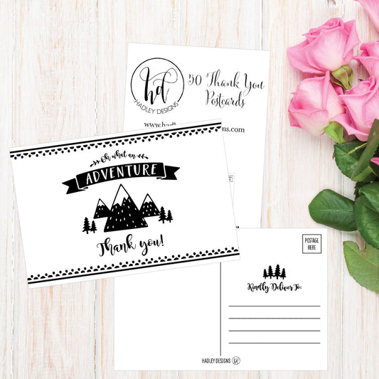 50 4x6 Adventure Blank Thank You Postcards Bulk, Cute Kraft Modern Blank Than...