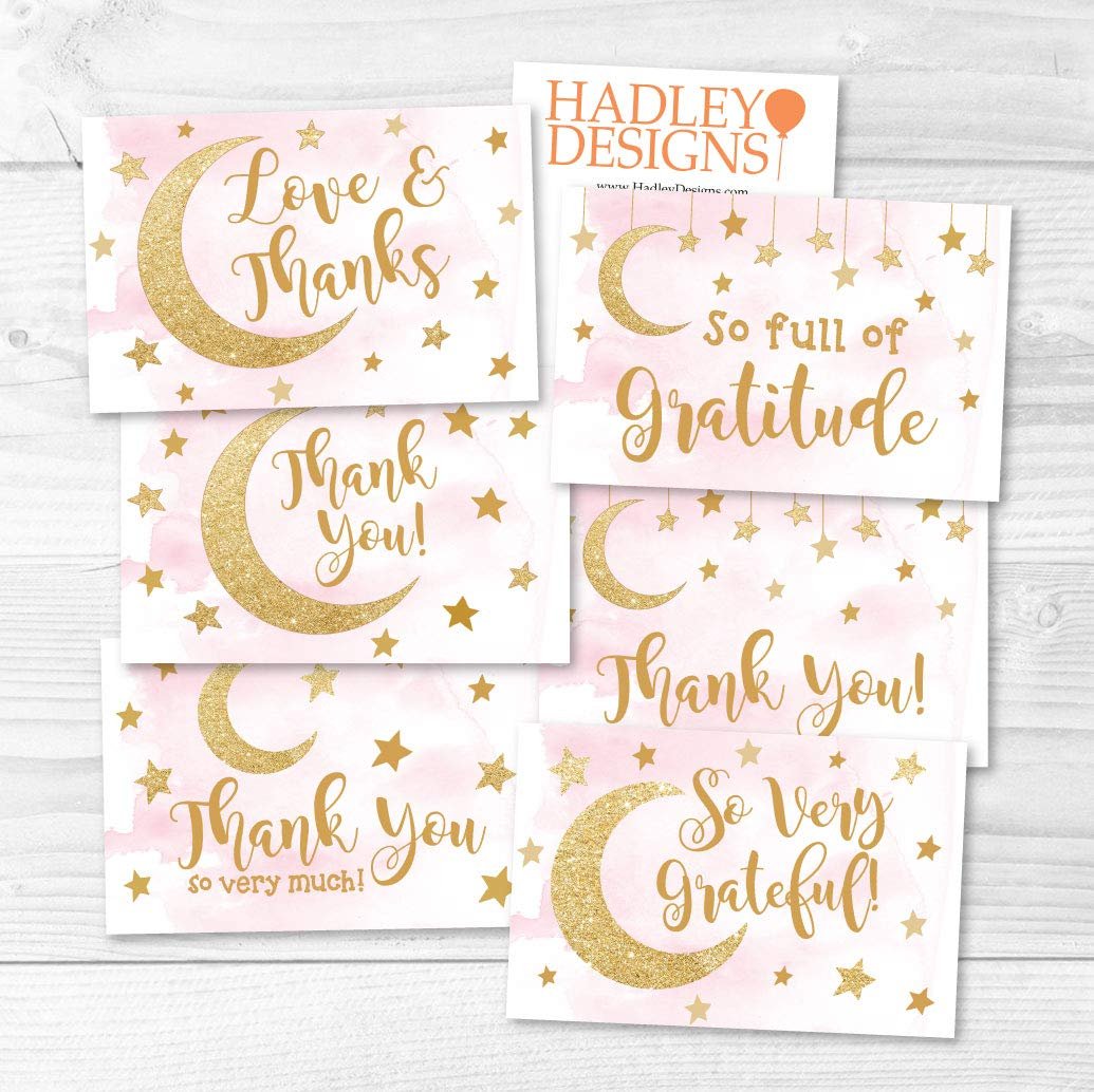 Pink Moon & Stars Folded Thank You Cards | Set of 24 | Baby Shower