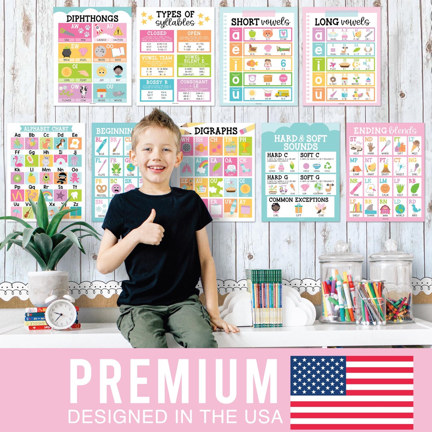 Colorful Bright Phonics & Vowel Posters | Set of 9 | Educational Posters