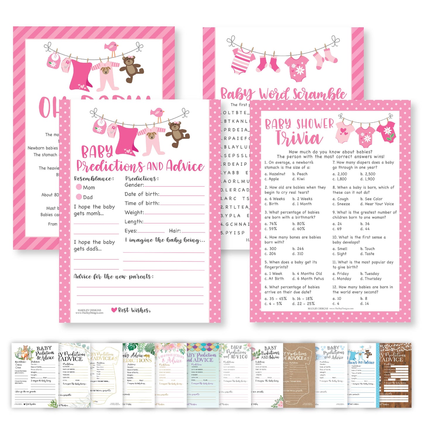 Word Scramble, True or False, Predictions, Trivia Baby Shower Games | Set of 50