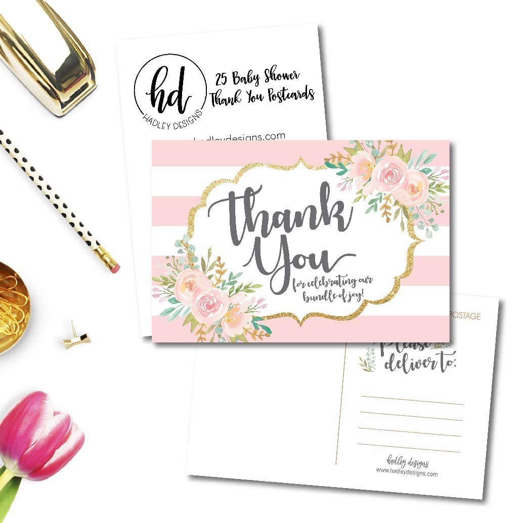 25 Girl Baby Shower Thank You Note Card Bulk Set, Floral Pink and Gold Blank Cute Sprinkle Postcards, No Envelope Needed Stationery Appreciation For Party Gifts, Personalize Printable Cardstock Paper