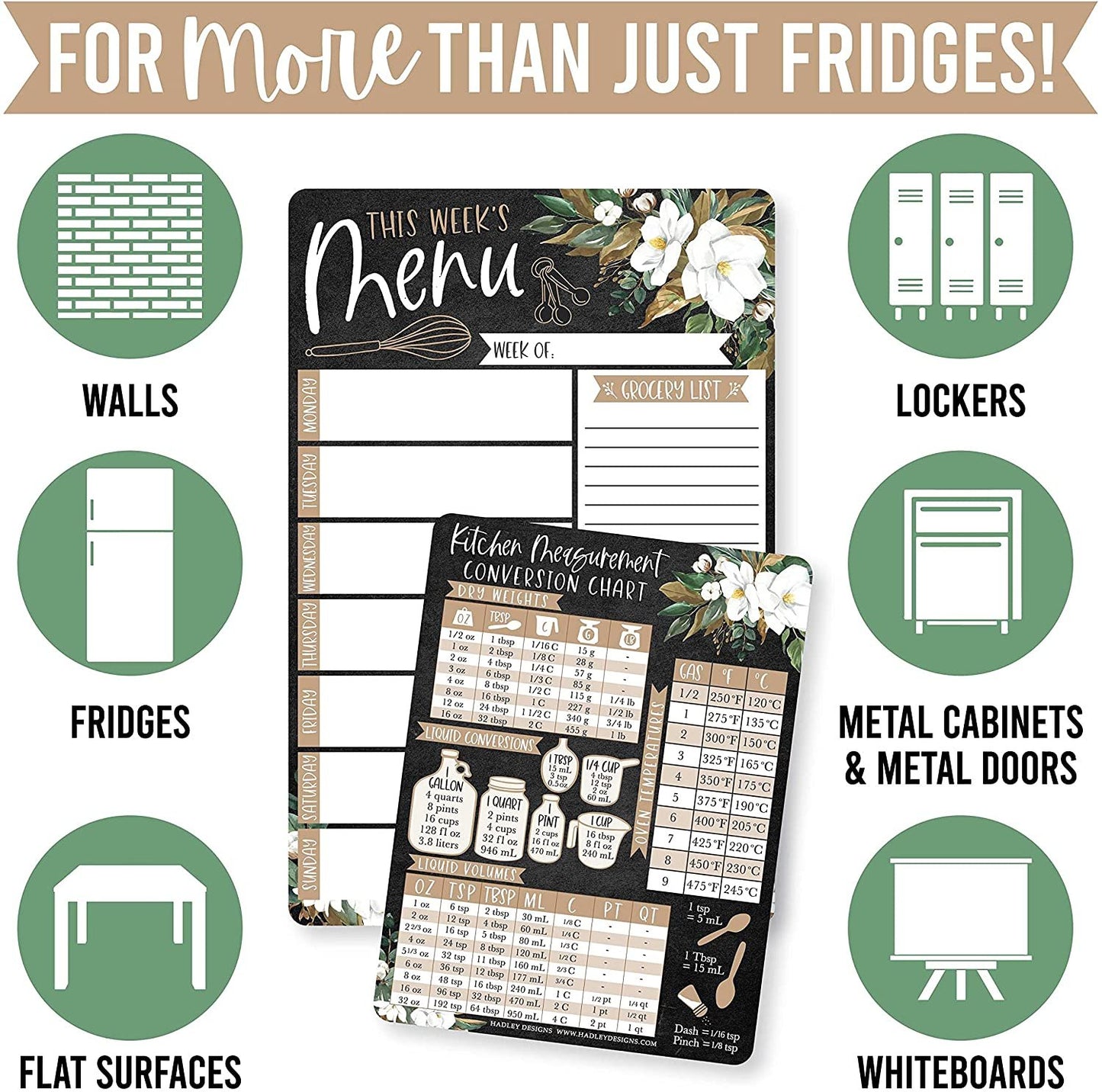 Weekly Meal Planner Dry Erase Board for Refrigerator - Magnolia Magnetic Weekly Menu Board for Kitchen Conversion Chart Magnet, Magnetic Meal Planner for Refrigerator, Magnetic Menu Board for Fridge