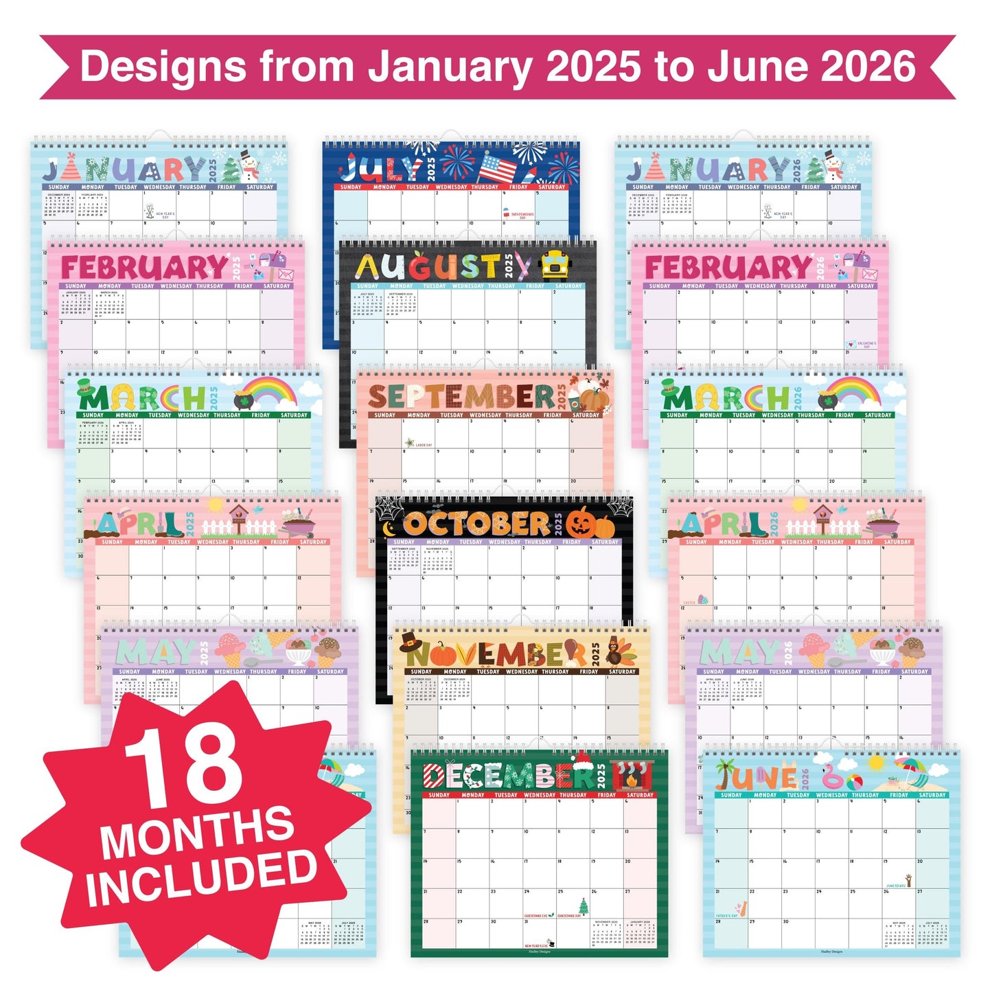 Doodle Typography Large Wall Calendar | 2025-2026 | 18 Month | Home & Office