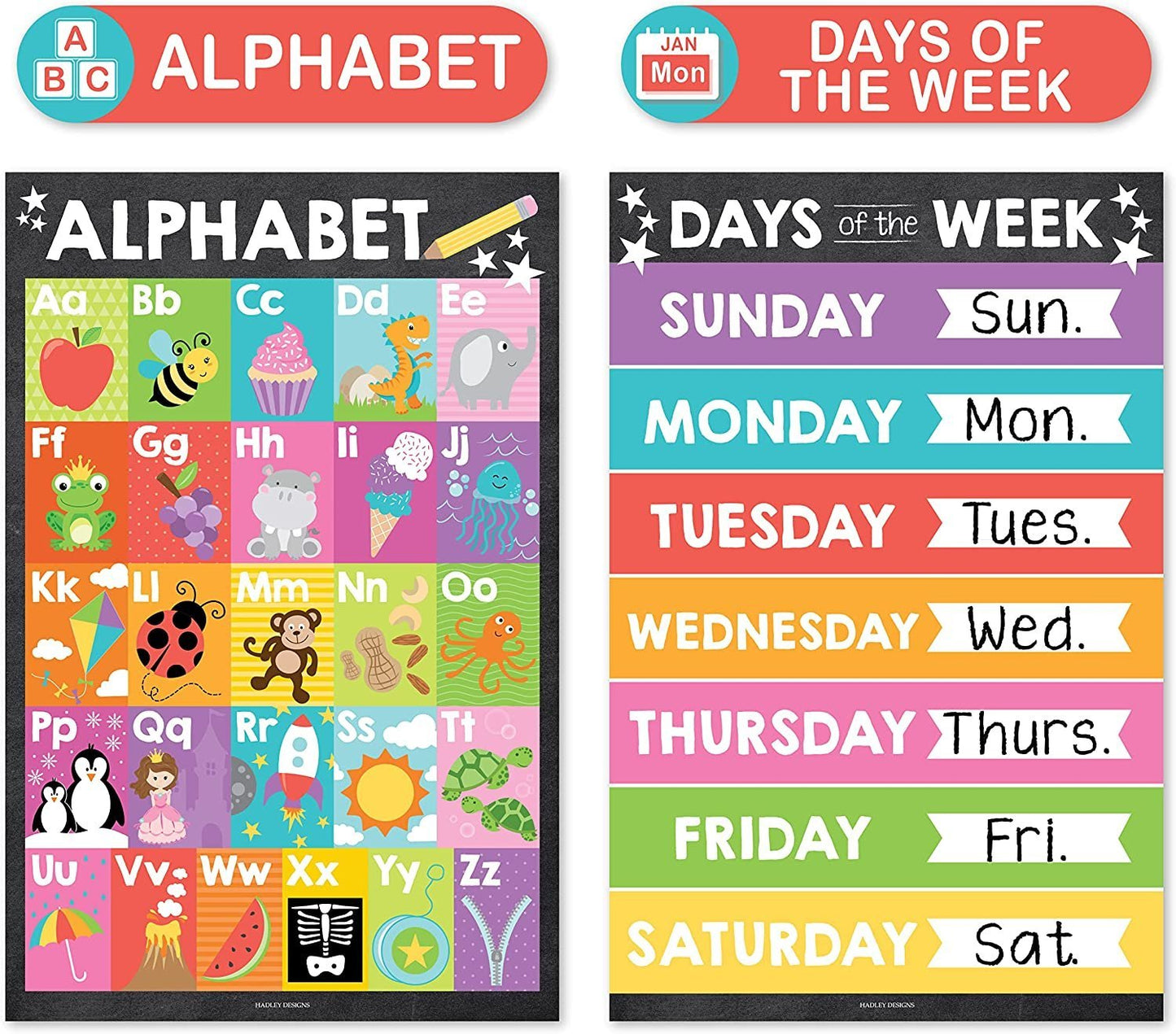 Colorful Chalk ABC, Days, Months, & Weather Prek Posters | Set of 4 | Educational Posters