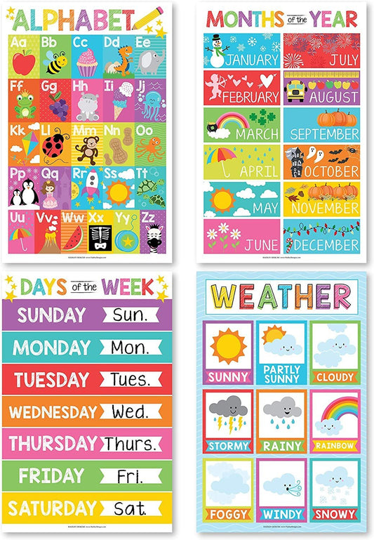 Colorful ABC, Days, Months, & Weather Prek Posters | Set of 4 | Educational Posters