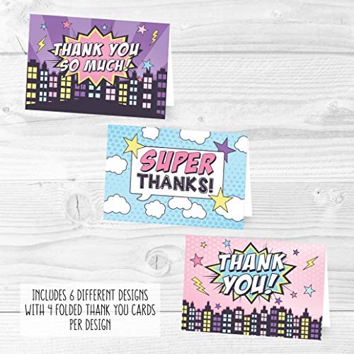 Pink Superhero Folded Thank You Cards | Set of 24 | Kid's Party