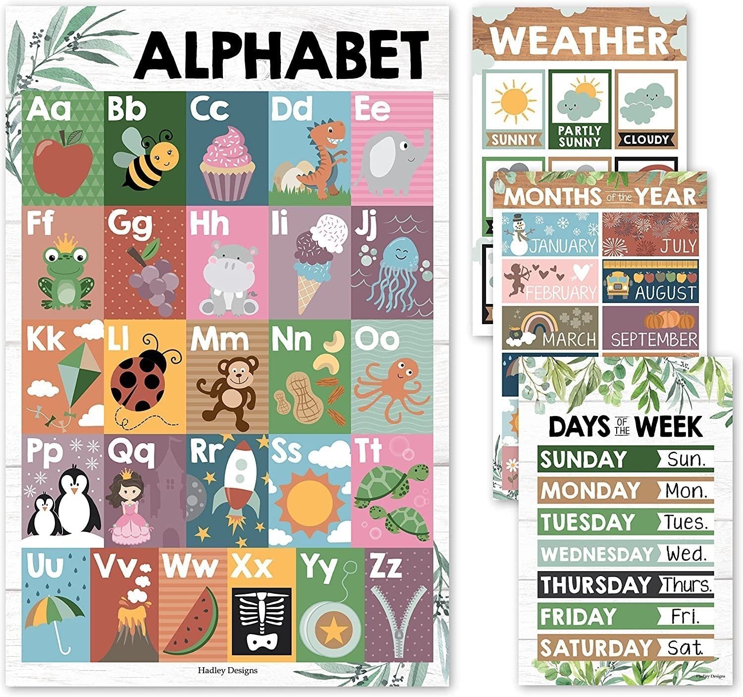 ABC, Days, Months, & Weather Prek Posters | Set of 4 | Educational Posters
