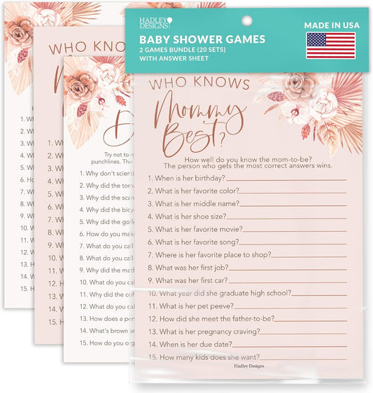 20 Boho Baby Shower Games For Girl - Hilarious Baby Shower Games Girl, Who Knows Mommy Best Baby Shower Game Card, Baby Games For Baby Shower Games Dad Jokes, Baby Girl Baby Shower Games Funny