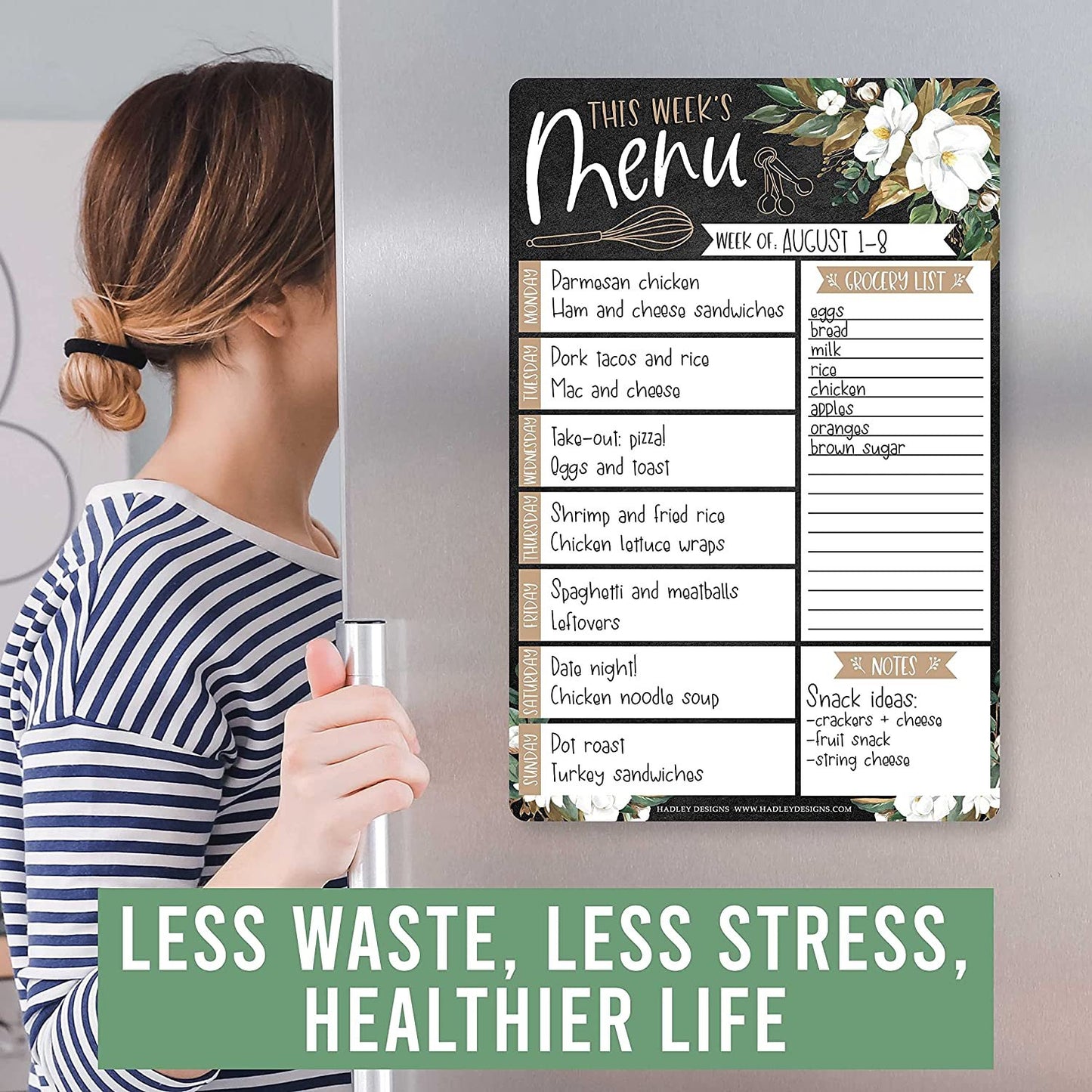 Weekly Meal Planner Dry Erase Board for Refrigerator - Magnolia Magnetic Weekly Menu Board for Kitchen Conversion Chart Magnet, Magnetic Meal Planner for Refrigerator, Magnetic Menu Board for Fridge