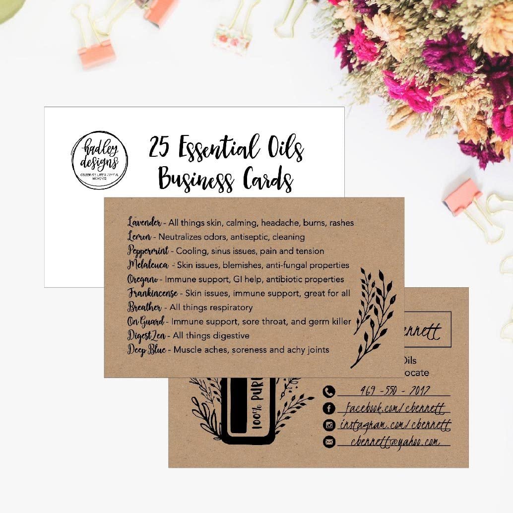 25 Rustic Essential Oils Business Cards, Doterra, Young Living YL Marketing Supplies, Tools, Brochures, Accessories, Planner, Book Mark with Oil Reference Instructions, Party Thank You Gift Bag Favors