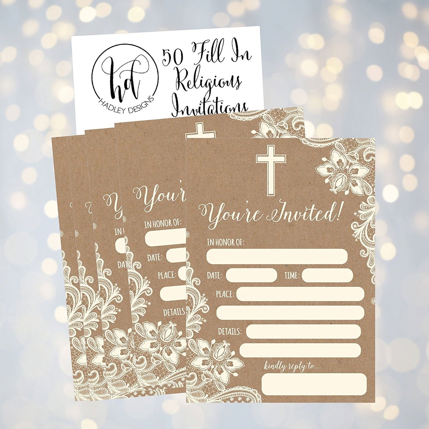 50 Kraft Religious Invitations, Confirmation, Holy Communion, Baptism, Christening, Baby Dedication or Blessing, Reconciliation, 1st First Communion Invites, Easter Party Invitation Cards